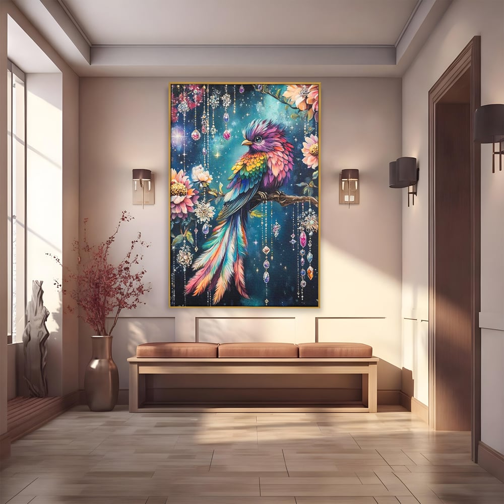 Tablou canvas cu tablou canvas cu pasare colorata si cristale, in rama de aluminiu auriu